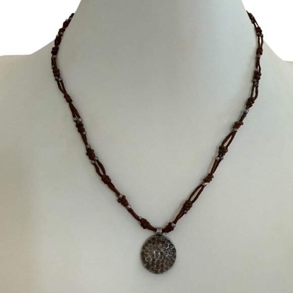 Presh designer cord sterling silver necklace dainty charm textured disc - Picture 5 of 9